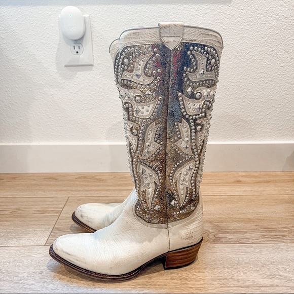 Frye Leather Deborah Deco Tall in White/Gold/Brown - Picture 6 of 13